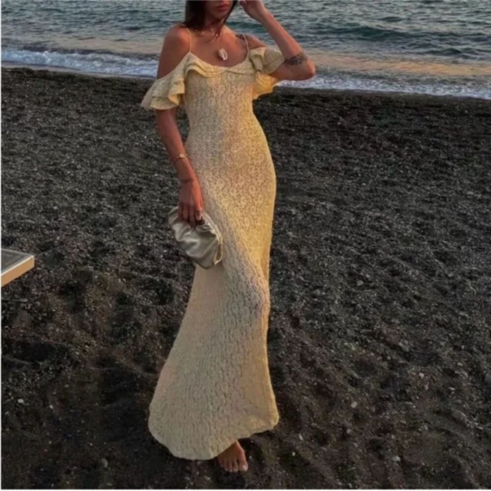 Zara NWT butter yellow studded ruffle asymmetric lace midi dress
